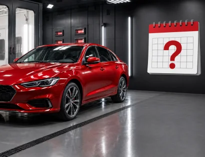 A glossy red sedan parked in a sleek automotive detailing bay beside a large calendar icon with a question mark, symbolizing the question of how often or when to schedule detailing service.